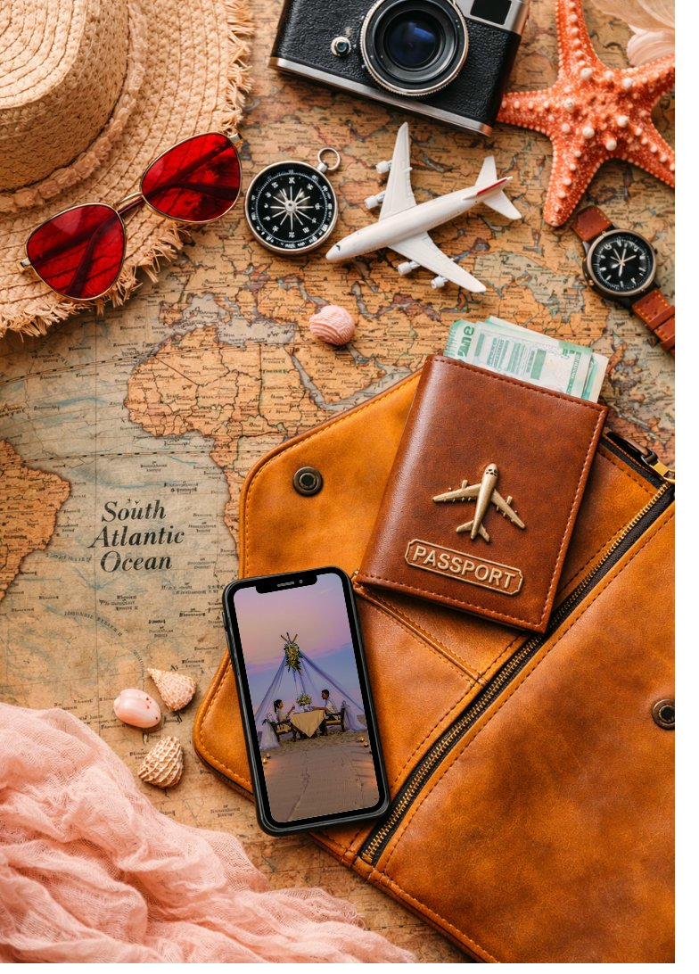 Travel essentials — passport, map, camera